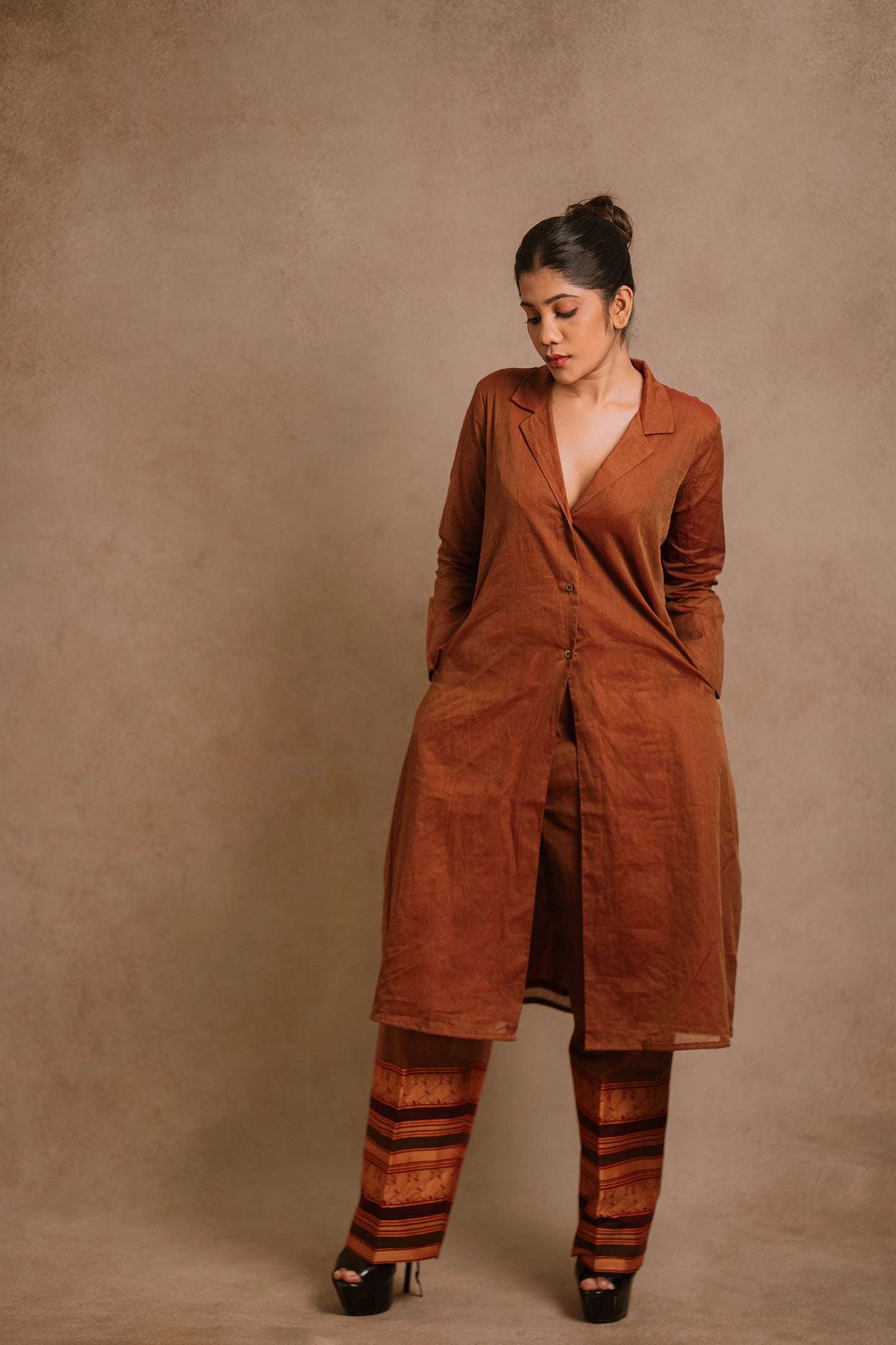 Model Jaina Parmar in a brown co-ord set by team AKloset.