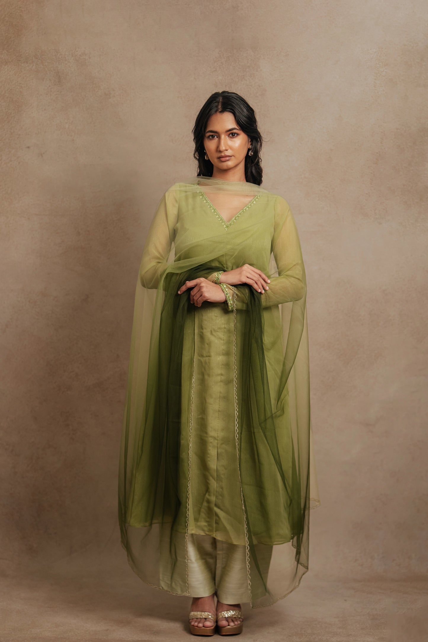 Model Premika Sekar in an embroidered tissue chiffon salwar set in sage green, paired with a tulle dupatta in ombré by team AKloset.